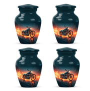 Royal Blue Bike Cremation Urn side profile showing urn shape - traditional bike engraving with hand-polished finish - 10 inch aluminum urn for cremated remains