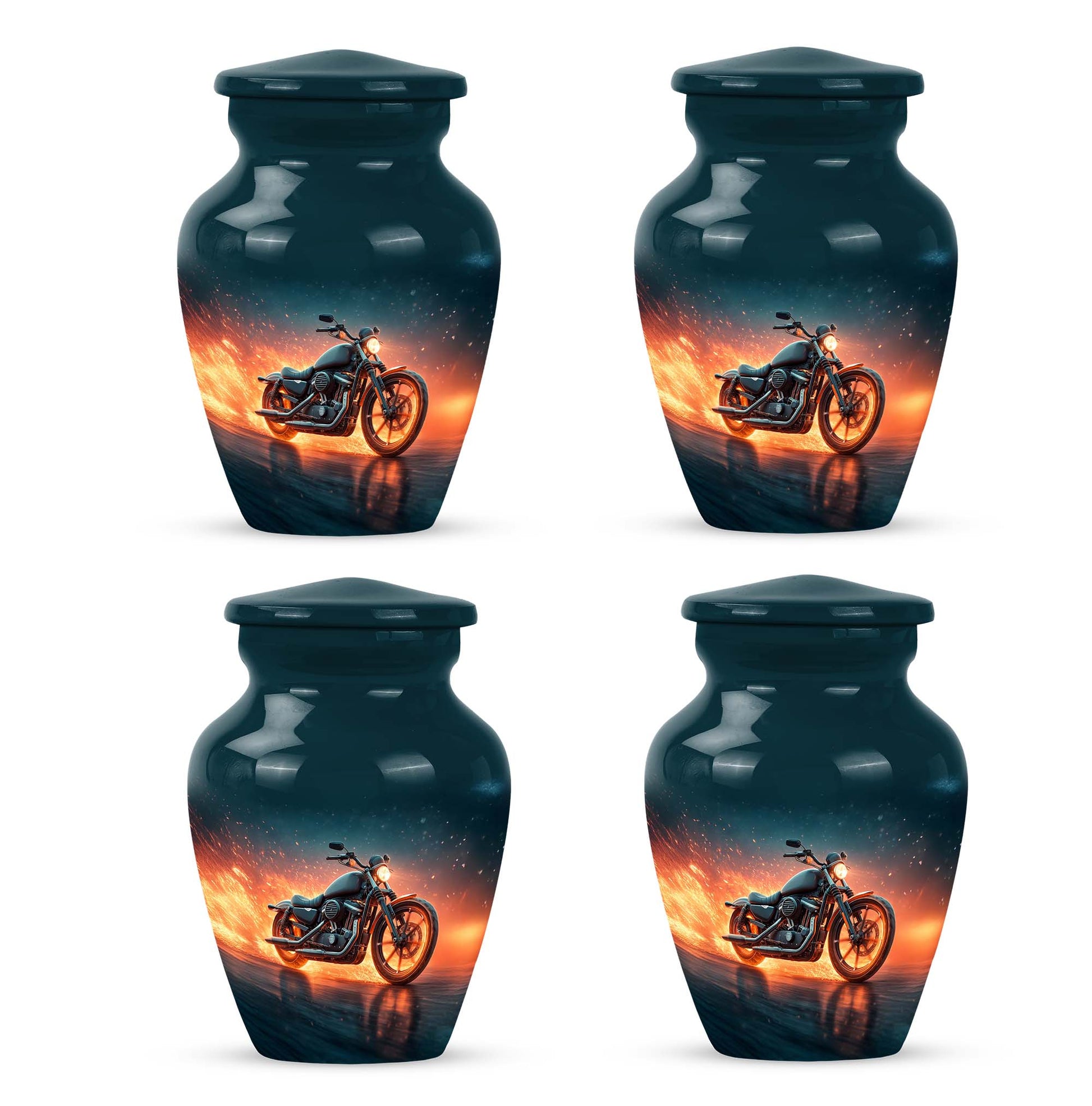 Royal Blue Bike Cremation Urn side profile showing urn shape - traditional bike engraving with hand-polished finish - 10 inch aluminum urn for cremated remains