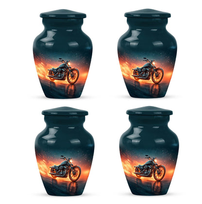 Royal Blue Bike Cremation Urn side profile showing urn shape - traditional bike engraving with hand-polished finish - 10 inch aluminum urn for cremated remains