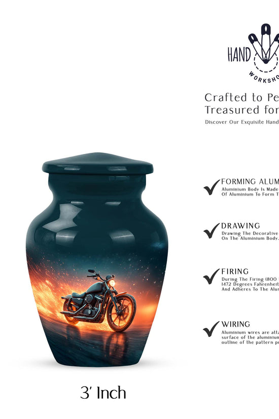 Sapphire Blue Bike Cremation Urn close-up of engraving and surface detail - elegant classic bike relief with fine detailing - mini keepsake memorial for portion of cremation ashes