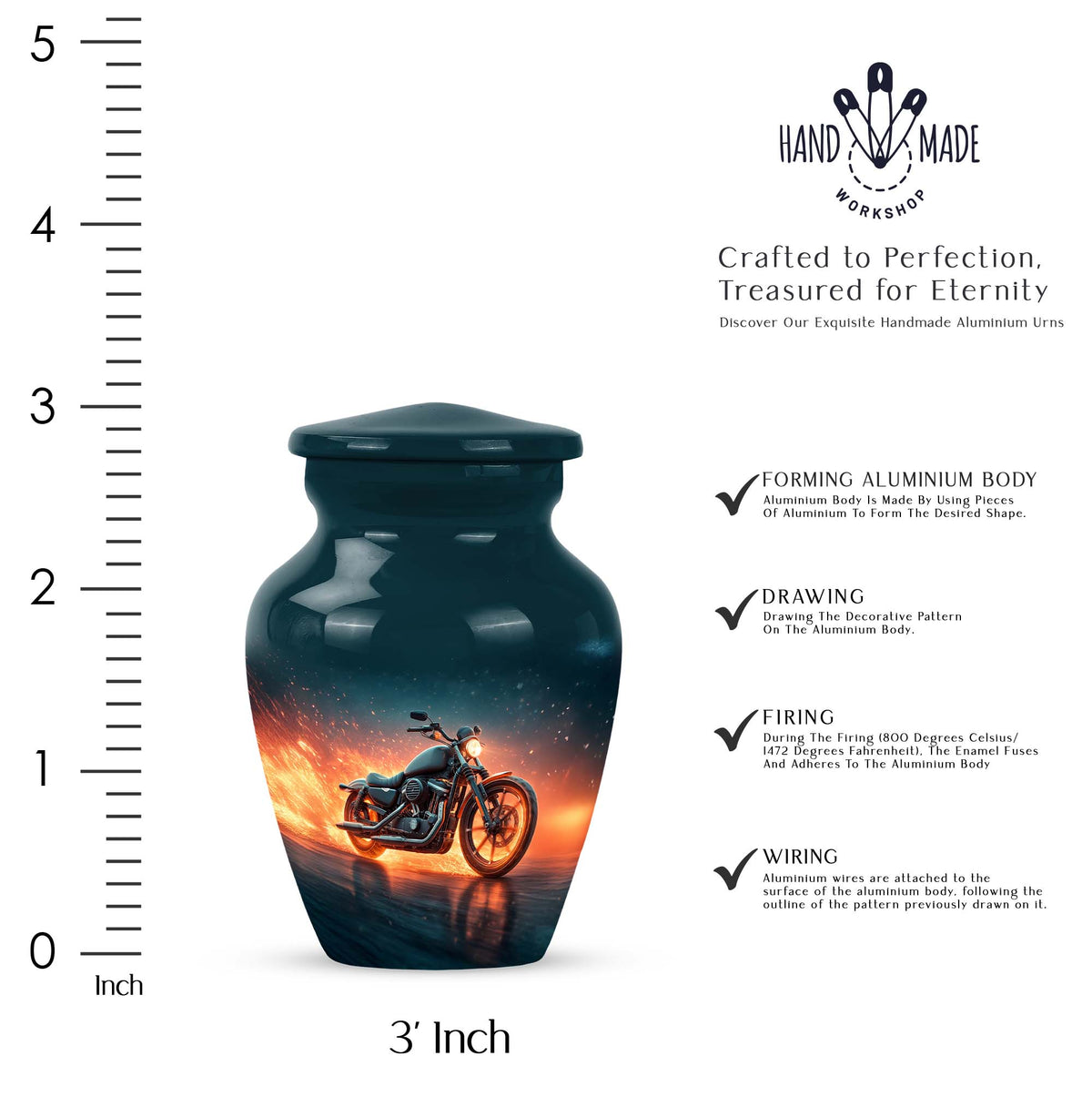 Sapphire Blue Bike Cremation Urn close-up of engraving and surface detail - elegant classic bike relief with fine detailing - mini keepsake memorial for portion of cremation ashes
