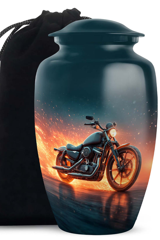 Bright Blue Bike Cremation Urn angled view of lid and engraved motif - elegant classic bike relief with fine detailing - full-size 10 inch 200 cubic inch adult cremation urn