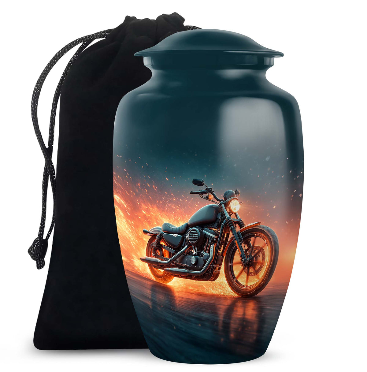 Bright Blue Bike Cremation Urn angled view of lid and engraved motif - elegant classic bike relief with fine detailing - full-size 10 inch 200 cubic inch adult cremation urn