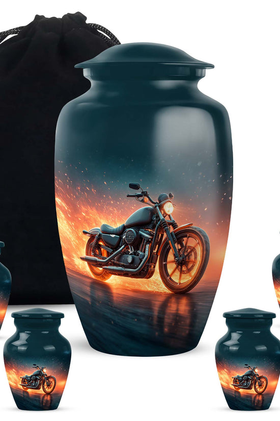 Calming Blue Bike Cremation Urn top-down view of secure threaded lid - traditional bike engraving with hand-polished finish - memorial set with one large and four small urns