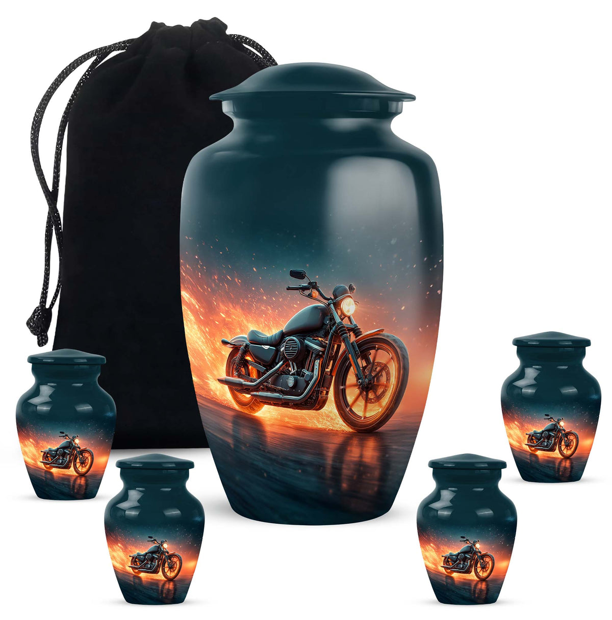 Calming Blue Bike Cremation Urn top-down view of secure threaded lid - traditional bike engraving with hand-polished finish - memorial set with one large and four small urns