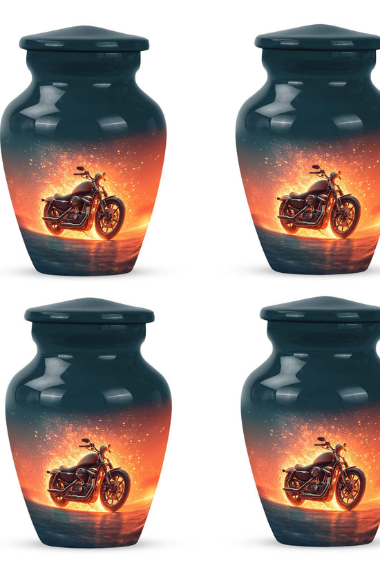 Dusty Blue Bike Cremation Urn side profile showing urn shape - classic sculpted bike pattern on smooth aluminum - 10 inch aluminum urn for cremated remains