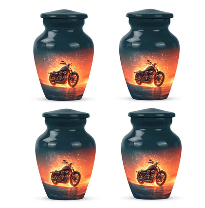 Dusty Blue Bike Cremation Urn side profile showing urn shape - classic sculpted bike pattern on smooth aluminum - 10 inch aluminum urn for cremated remains