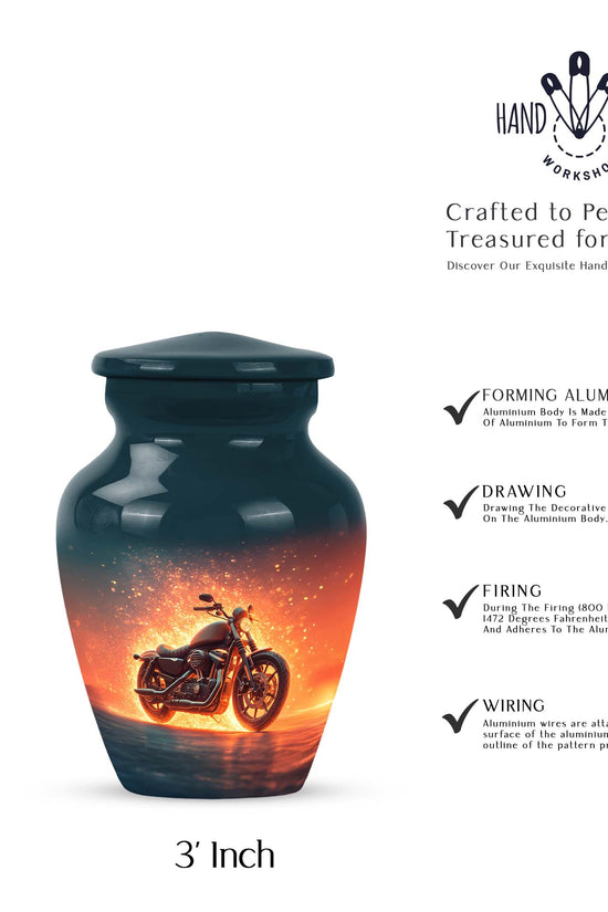 Misty Blue Bike Cremation Urn close-up of engraving and surface detail - timeless bike motif etched into premium metal - mini keepsake memorial for portion of cremation ashes