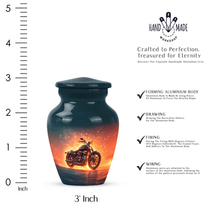 Misty Blue Bike Cremation Urn close-up of engraving and surface detail - timeless bike motif etched into premium metal - mini keepsake memorial for portion of cremation ashes