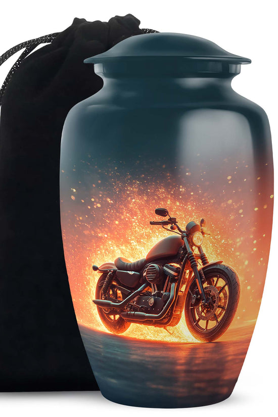 Soft Blue Bike Cremation Urn angled view of lid and engraved motif - traditional bike engraving with hand-polished finish - full-size 10 inch 200 cubic inch adult cremation urn