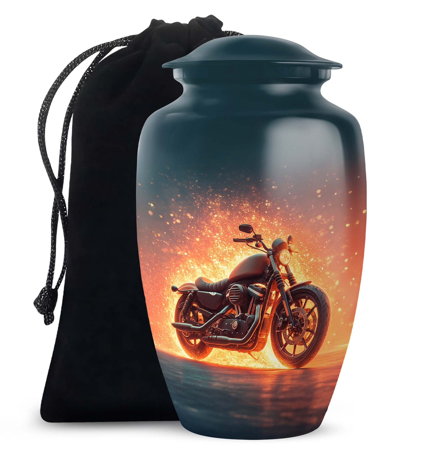 Soft Blue Bike Cremation Urn angled view of lid and engraved motif - traditional bike engraving with hand-polished finish - full-size 10 inch 200 cubic inch adult cremation urn