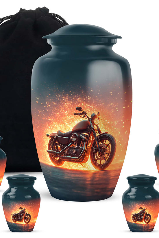 Cobalt Blue Bike Cremation Urn top-down view of secure threaded lid - traditional bike engraving with hand-polished finish - memorial set with one large and four small urns