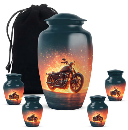 Cobalt Blue Bike Cremation Urn top-down view of secure threaded lid - traditional bike engraving with hand-polished finish - memorial set with one large and four small urns