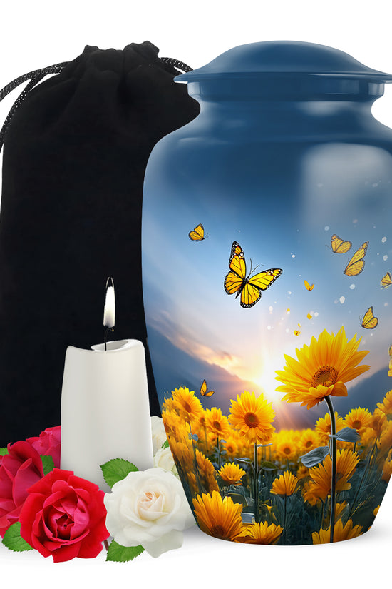 Golden Sunflower Memorial Urn - Butterfly Funeral Urn For Human Ashes