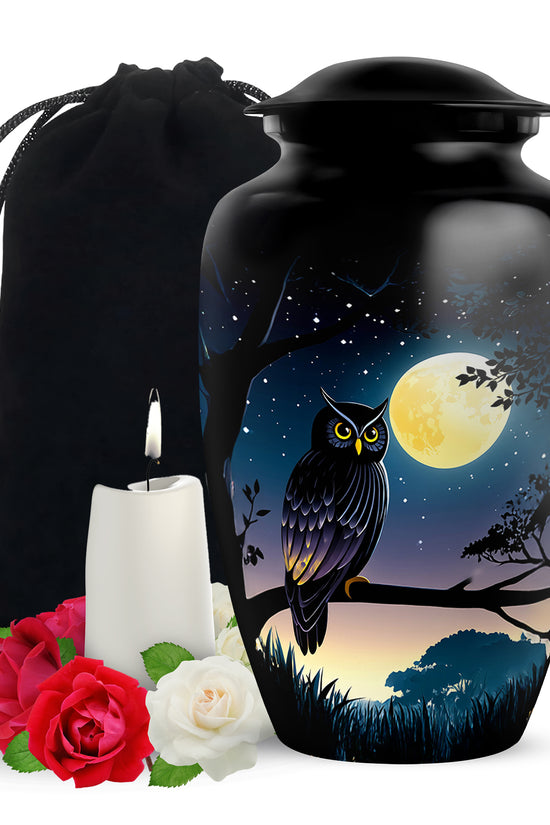 Black Owl Cremation Urn - Moonlight Memorial Urn For Human Ashes