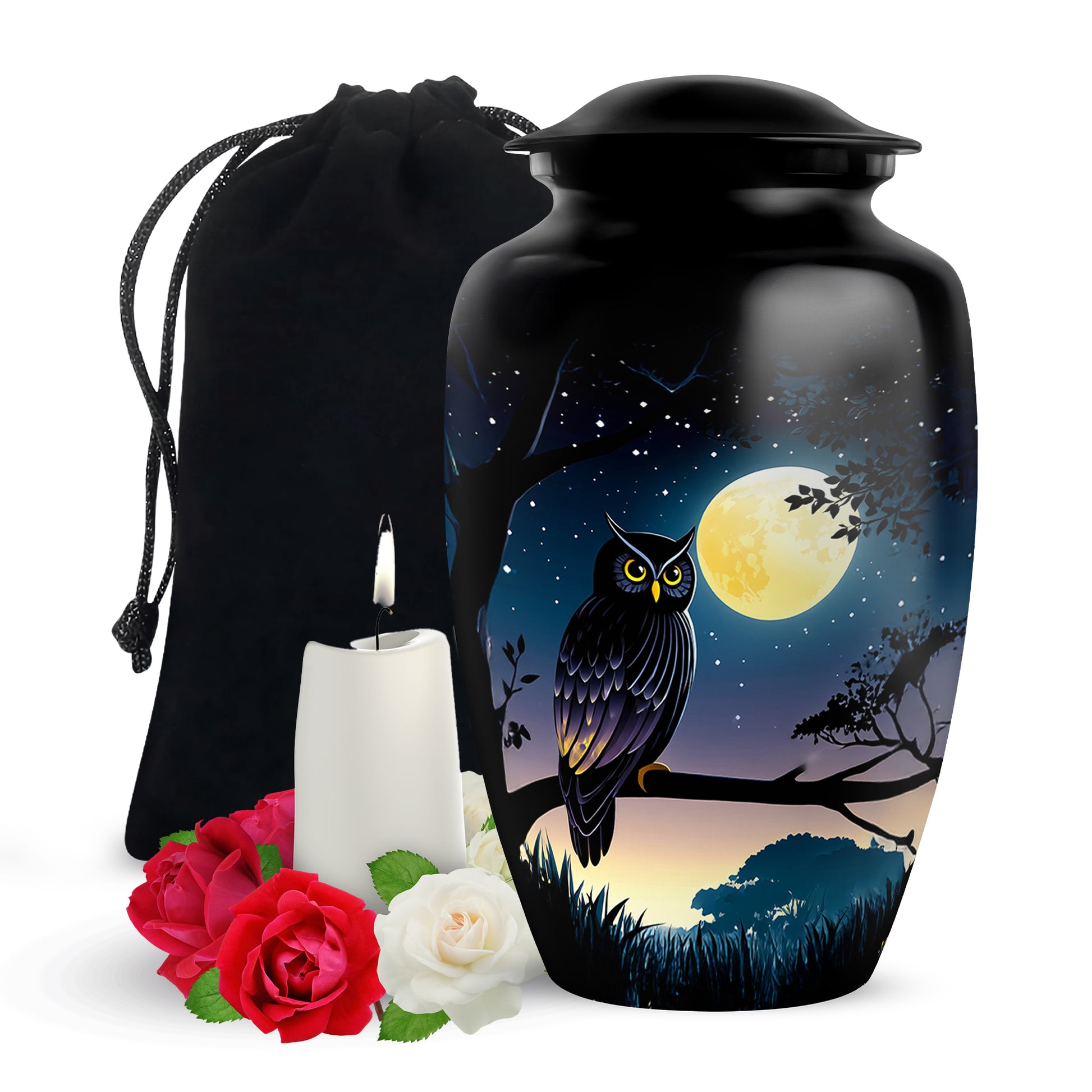 Black Owl Cremation Urn - Moonlight Memorial Urn For Human Ashes