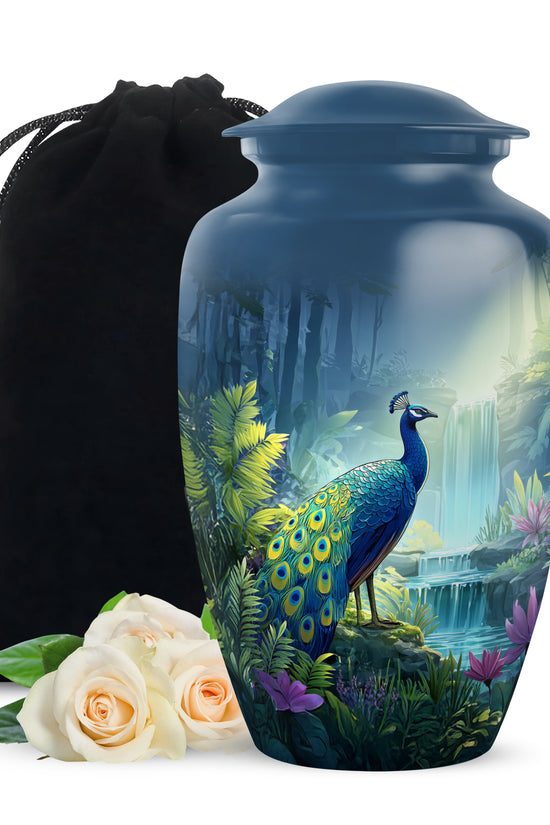 Blue Peacock Cremation Urn - Forest Waterfall Funeral Urn For Adult Ashes