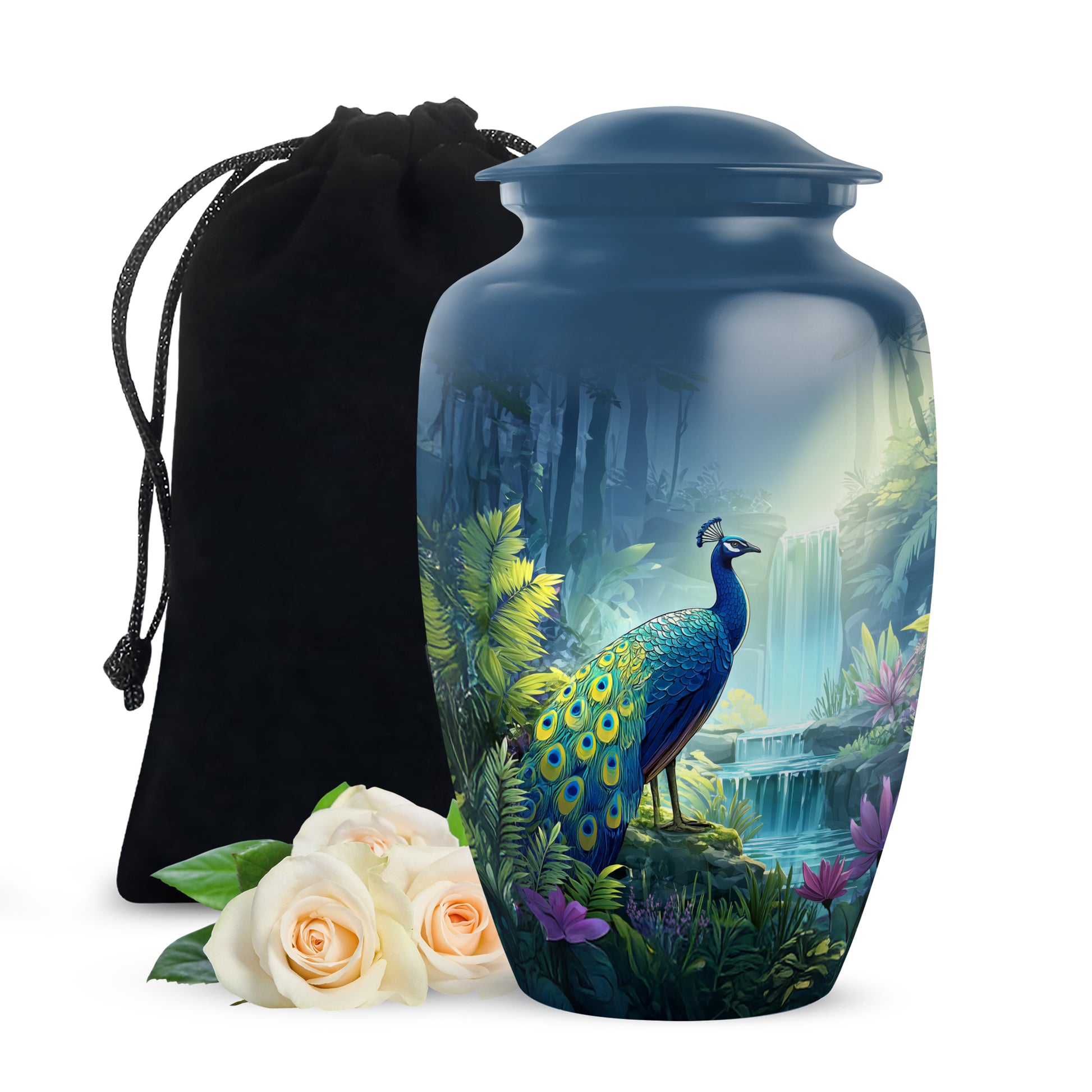 Blue Peacock Cremation Urn - Forest Waterfall Funeral Urn For Adult Ashes