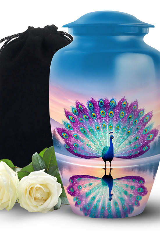 Colorful Peacock Cremation Urn - Sunset Lake Memorial Urn For Human Ashes