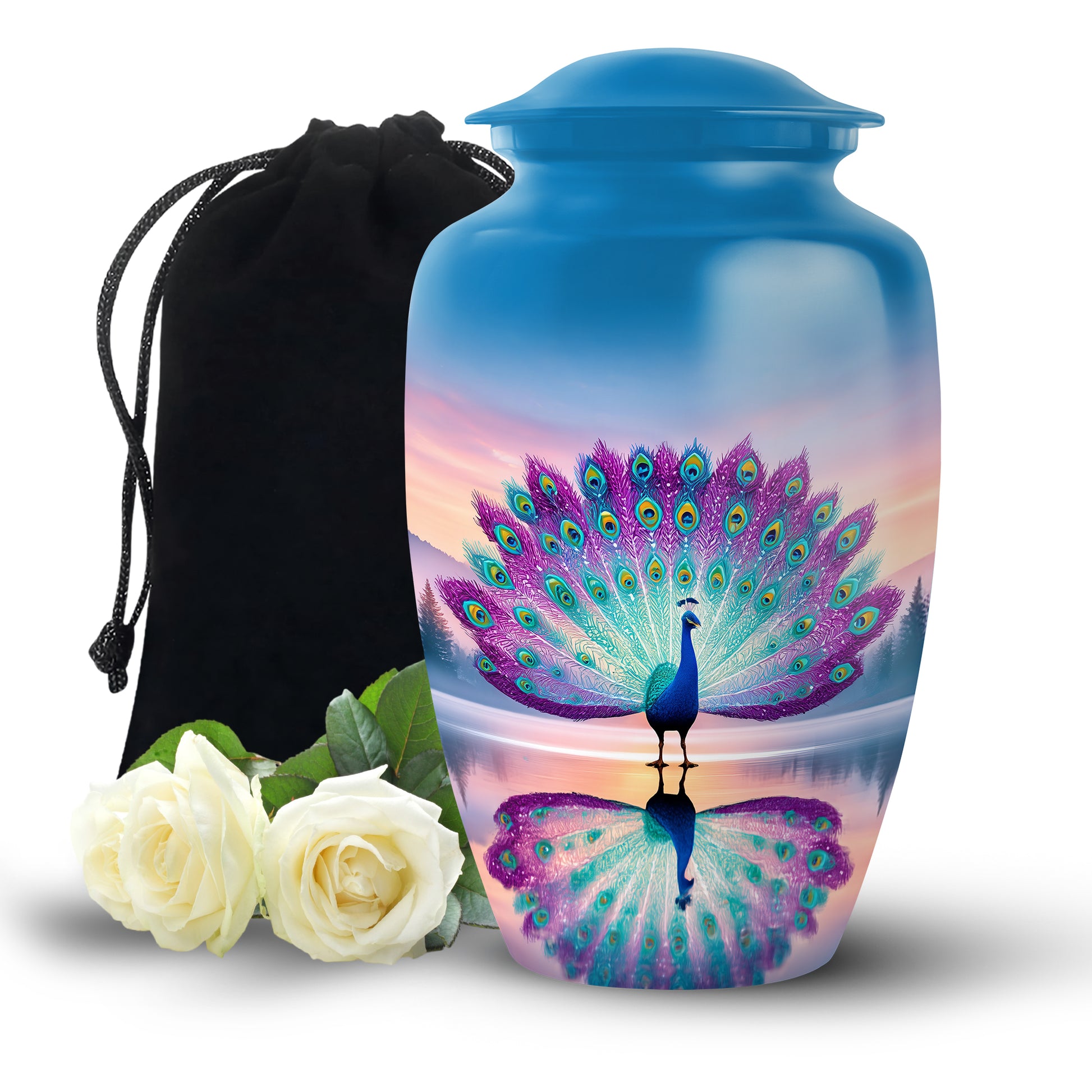 Colorful Peacock Cremation Urn - Sunset Lake Memorial Urn For Human Ashes