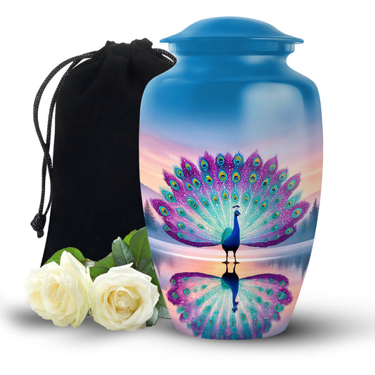 Colorful Peacock Cremation Urn - Sunset Lake Memorial Urn For Human Ashes