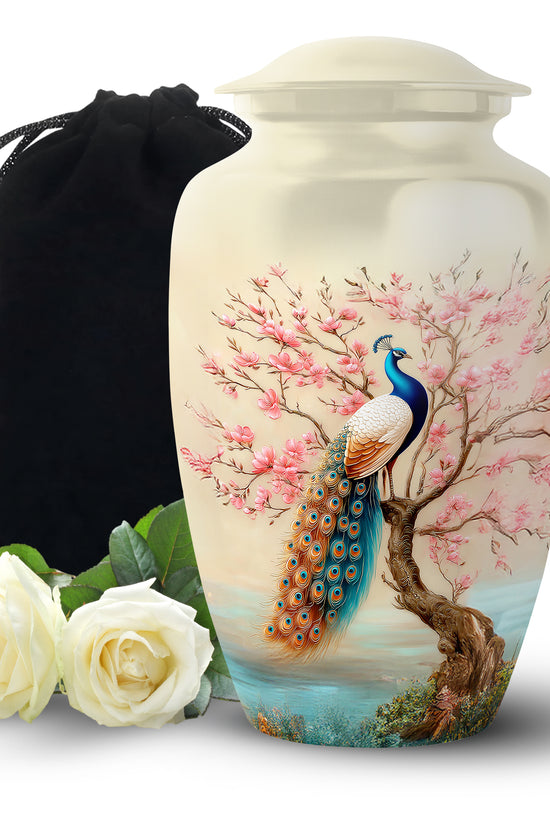 Elegant Peacock Floral Urn - Cherry Blossom Cremation Urn For Loved Ones