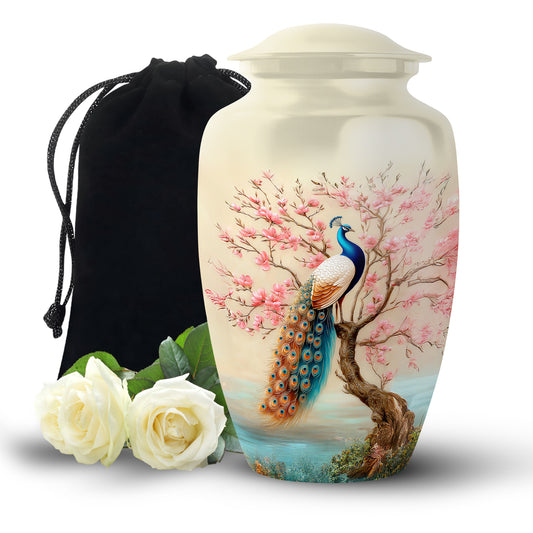 Elegant Peacock Floral Urn - Cherry Blossom Cremation Urn For Loved Ones