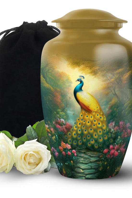 Golden Peacock Memorial Urn - Peaceful Nature Funeral Urn For Burial