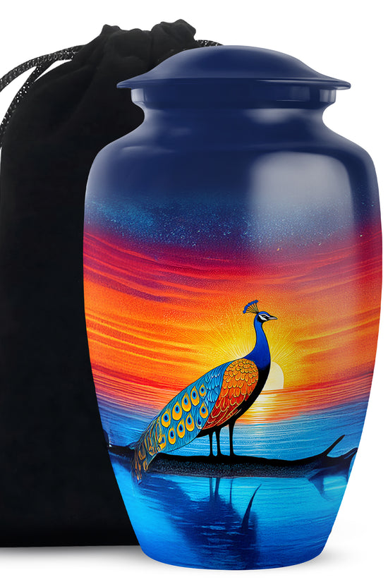 Peacock Sunset Memorial Urn - Artistic Cremation Urn For Burial