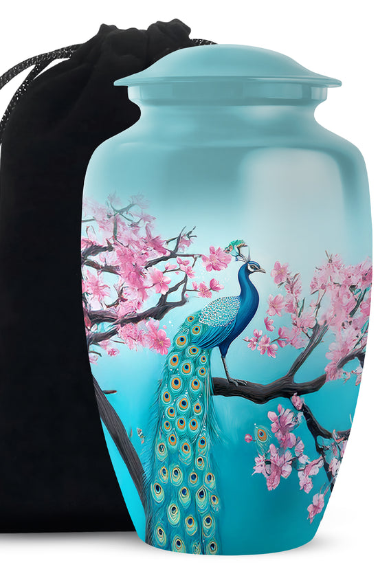 Peacock Nature Funeral Urn - Cherry Blossom Memorial Urn For Loved Ones
