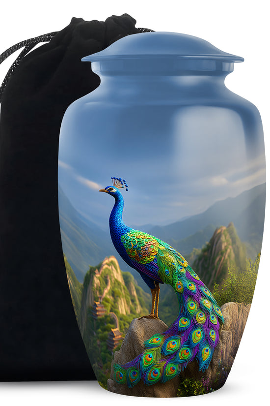 Blue Peacock Cremation Urn - Scenic Memorial Urn For Human Ashes