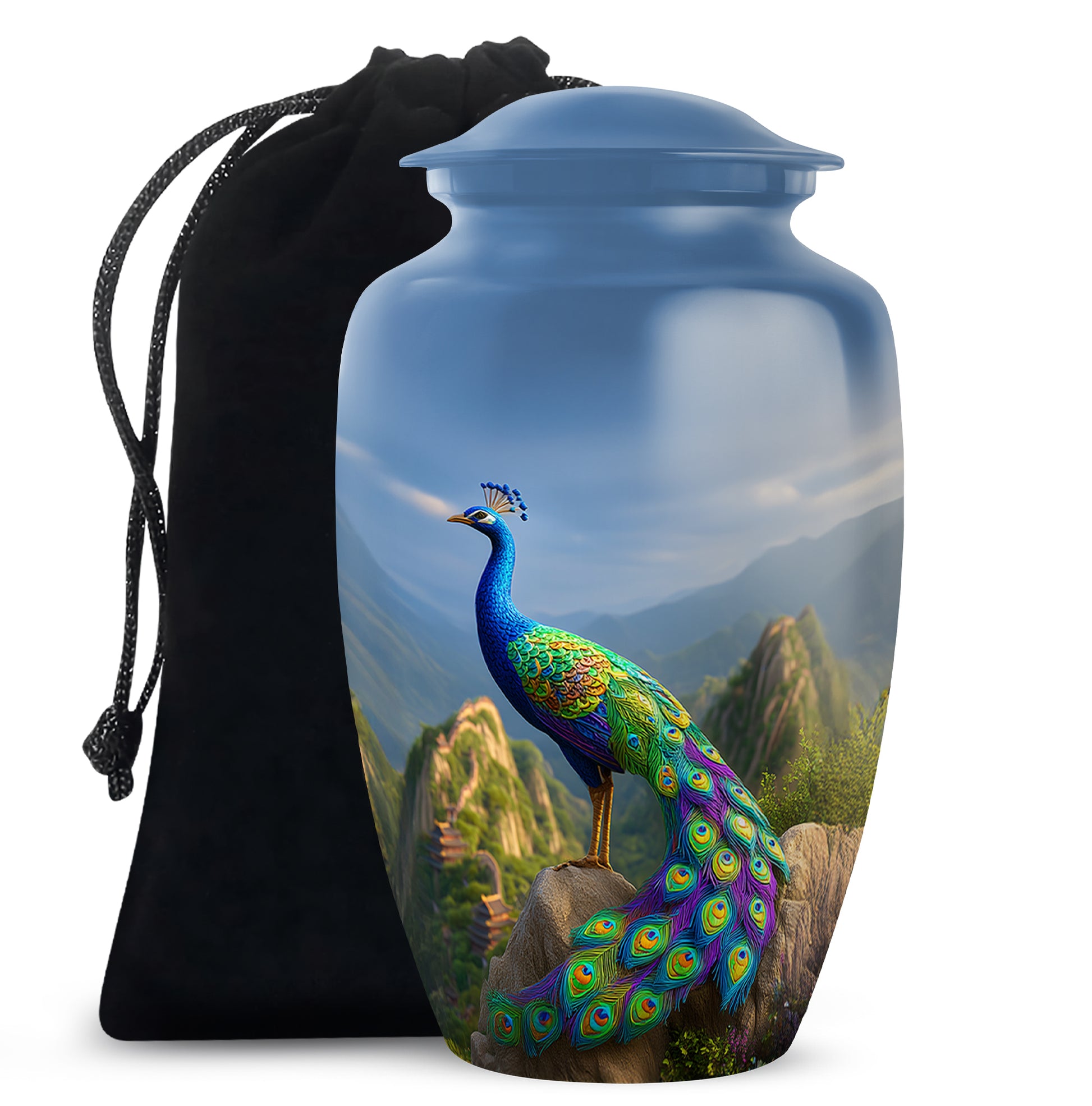 Blue Peacock Cremation Urn - Scenic Memorial Urn For Human Ashes