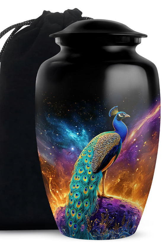 Peacock Galaxy Memorial Urn - Beautiful Black Aluminium Urn For Adult Ashes