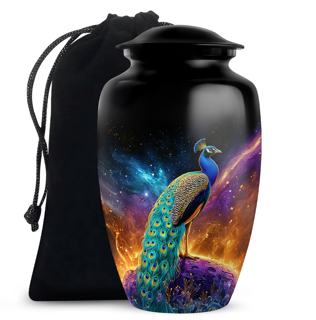 Peacock Galaxy Memorial Urn - Beautiful Black Aluminium Urn For Adult Ashes