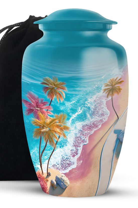 Blue Sea Urn Memorial For Ashes - Palm Trees Cremation Urn For Men