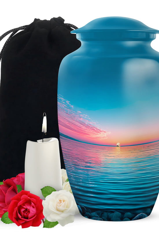 Blue Ocean Memorial Urn For Funeral - Sunset Cremation Urn For Ashes