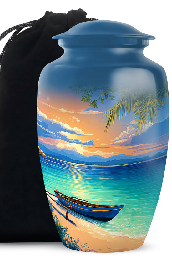Tropical Boat Memorial Urn - Peaceful Beach Cremation Urn For Human Ashes