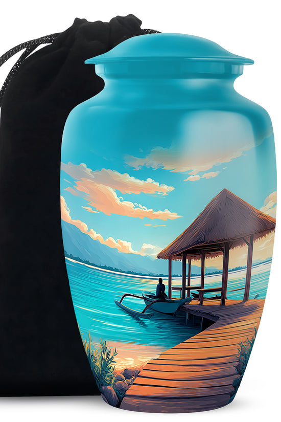 Beautiful Beach Cremation Urn - Blue Aluminum Funeral Urn For Burial