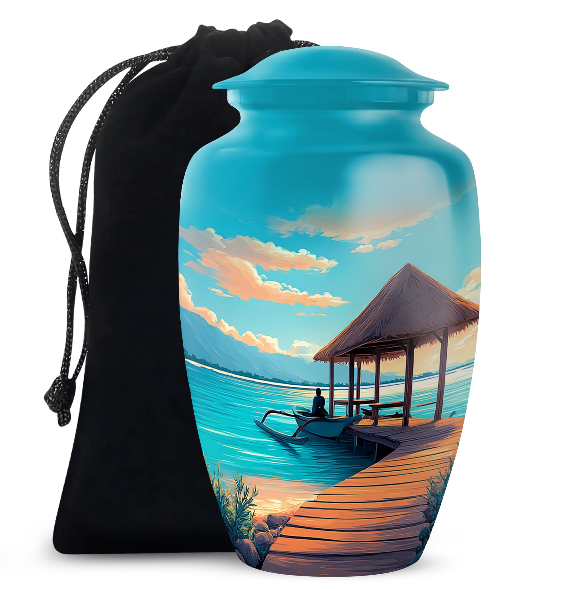 Beautiful Beach Cremation Urn - Blue Aluminum Funeral Urn For Burial