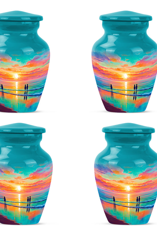 Deep Teal Beach Cremation Urn side profile showing urn shape - traditional beach engraving with hand-polished finish - 10 inch aluminum urn for cremated remains