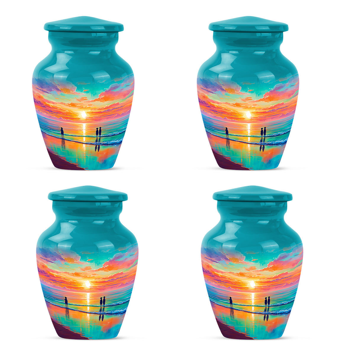 Deep Teal Beach Cremation Urn side profile showing urn shape - traditional beach engraving with hand-polished finish - 10 inch aluminum urn for cremated remains