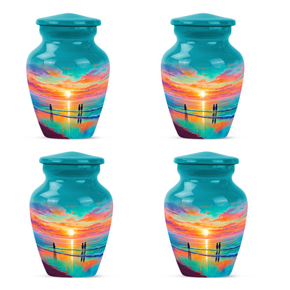 Deep Teal Beach Cremation Urn side profile showing urn shape - traditional beach engraving with hand-polished finish - 10 inch aluminum urn for cremated remains