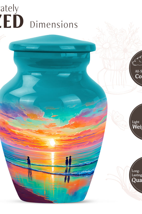Jewel Teal Beach Cremation Urn close-up of engraving and surface detail - classic sculpted beach pattern on smooth aluminum - mini keepsake memorial for portion of cremation ashes