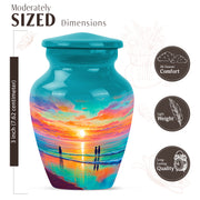 Jewel Teal Beach Cremation Urn close-up of engraving and surface detail - classic sculpted beach pattern on smooth aluminum - mini keepsake memorial for portion of cremation ashes