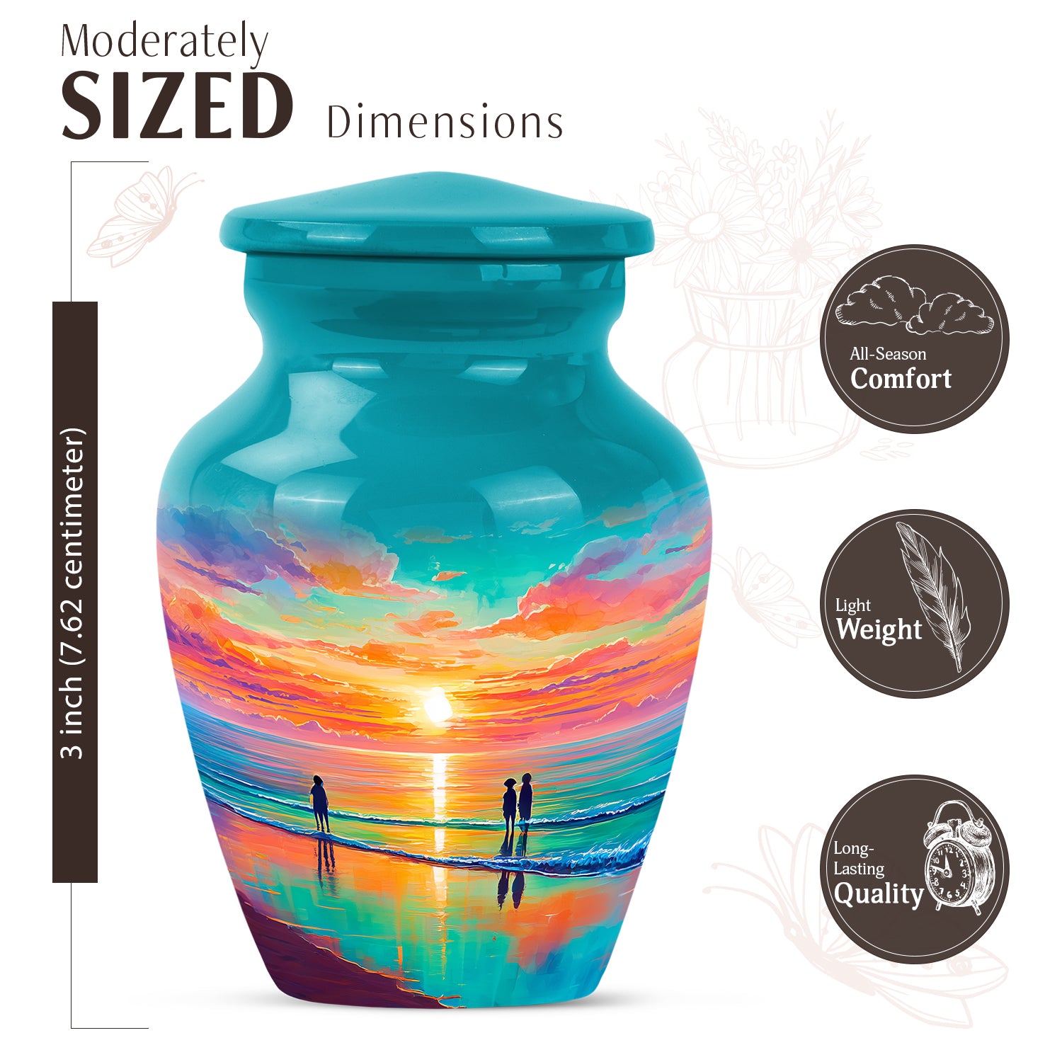 Jewel Teal Beach Cremation Urn close-up of engraving and surface detail - classic sculpted beach pattern on smooth aluminum - mini keepsake memorial for portion of cremation ashes