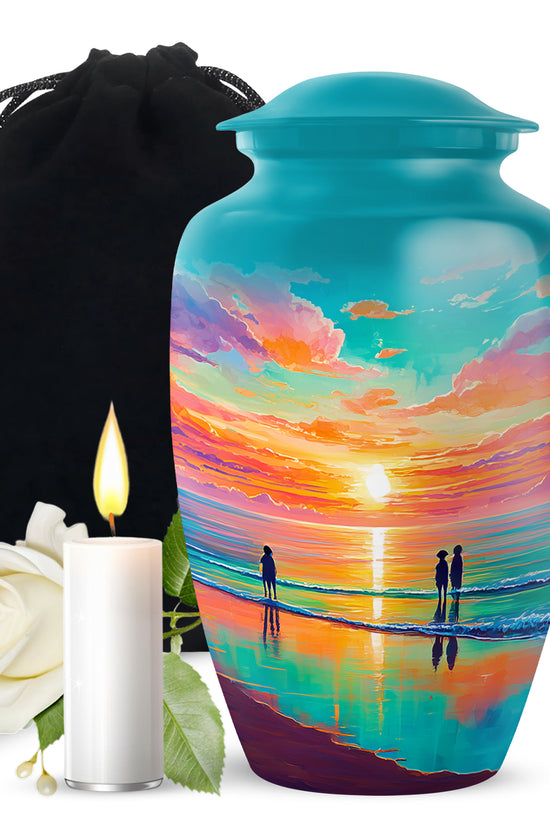 Soft Teal Beach Cremation Urn angled view of lid and engraved motif - classic sculpted beach pattern on smooth aluminum - full-size 10 inch 200 cubic inch adult cremation urn