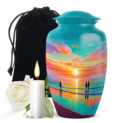 Soft Teal Beach Cremation Urn angled view of lid and engraved motif - classic sculpted beach pattern on smooth aluminum - full-size 10 inch 200 cubic inch adult cremation urn