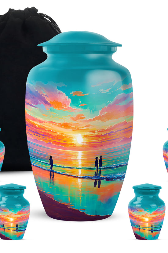 Tropical Teal Beach Cremation Urn top-down view of secure threaded lid - traditional beach engraving with hand-polished finish - memorial set with one large and four small urns