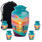 Tropical Teal Beach Cremation Urn top-down view of secure threaded lid - traditional beach engraving with hand-polished finish - memorial set with one large and four small urns