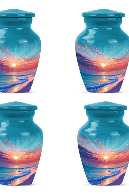 Cool Teal Beach Cremation Urn side profile showing urn shape - timeless beach motif etched into premium metal - 10 inch aluminum urn for cremated remains